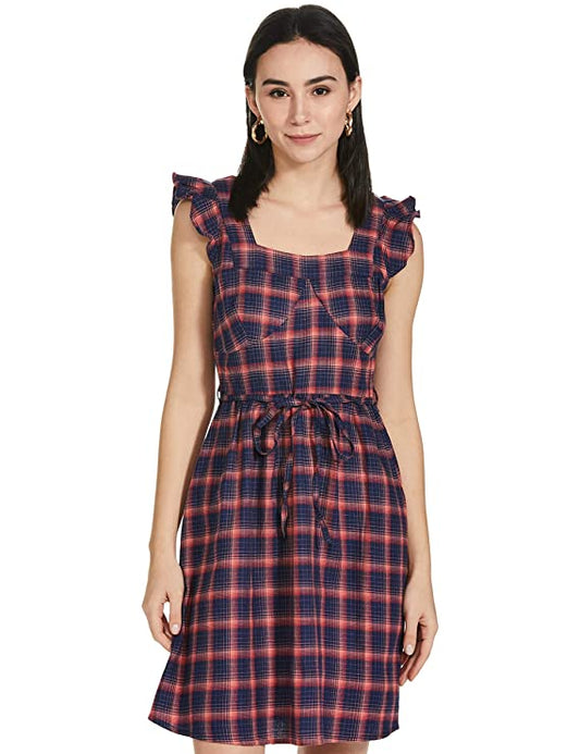 109 F Womens Cotton Navy Checkered Dress