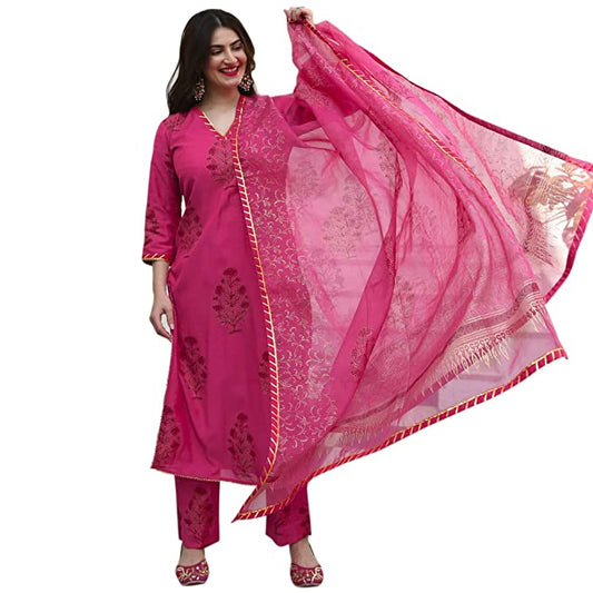 Womens Cotton Blend Straight Kurta with Pant Dupatta Garden