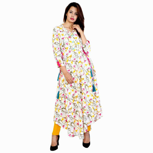 Women Floral Print Flared Kurta White