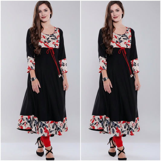 Oomph Women s Floral Print Flared Kurta Black