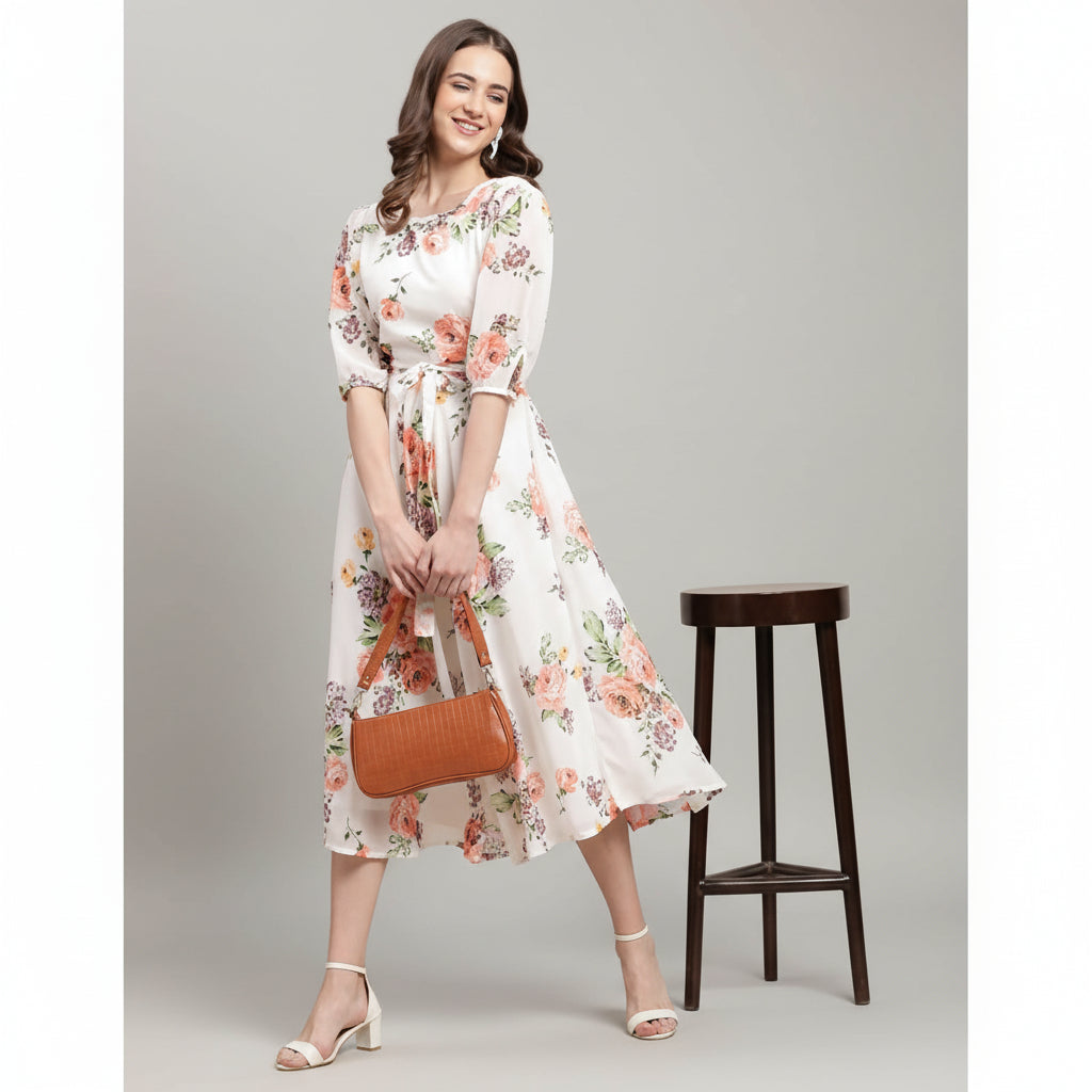 Preneum Women Georgette Aqua Blue A-line Midi Dress