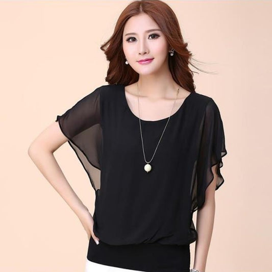 Short Sleeved Bat Sleeves Chiffon Solid Blouses Shirt