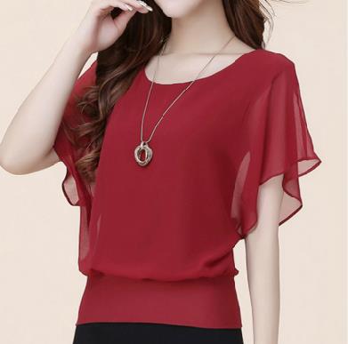 Short Sleeved Bat Sleeves Chiffon Solid Blouses Shirt